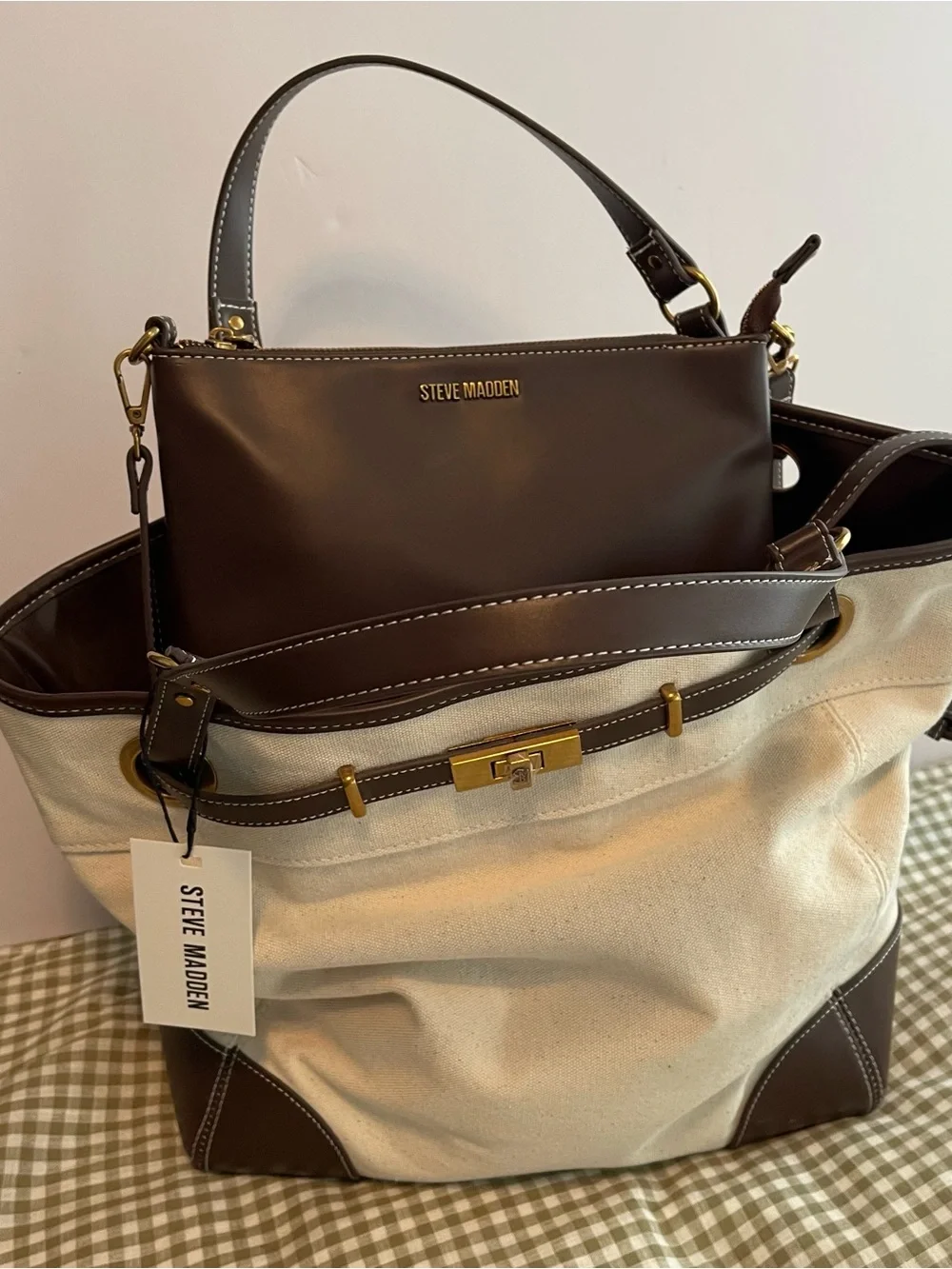 NWT Steve Madden Beige Canvas Tote with Chocolate Brown Trim and Gold Hardware